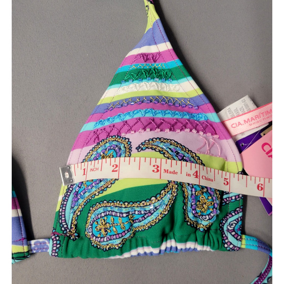 Cia Maritima Floral Bikini Top Womens Medium Embroidered Beaded Stripe Swimwear - Picture 11 of 12